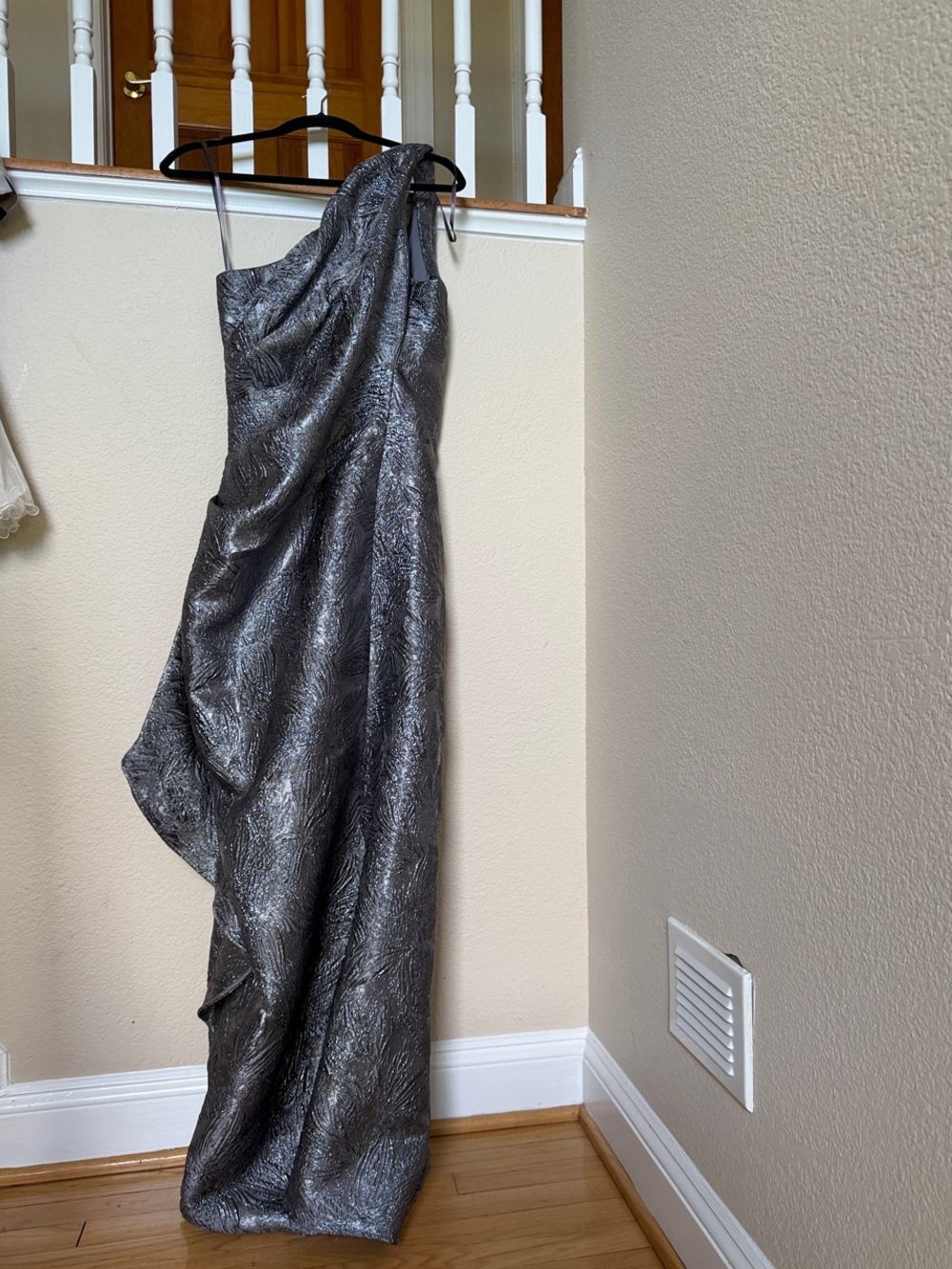 Xscape One-Shoulder Metallic Charcoal Evening Gown